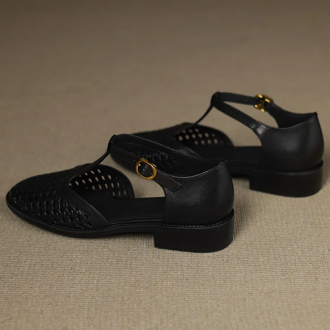 Formal Hollow-Out Cow Leather Narrow Band Round Toe High Quality Flats Sandals - Image 23