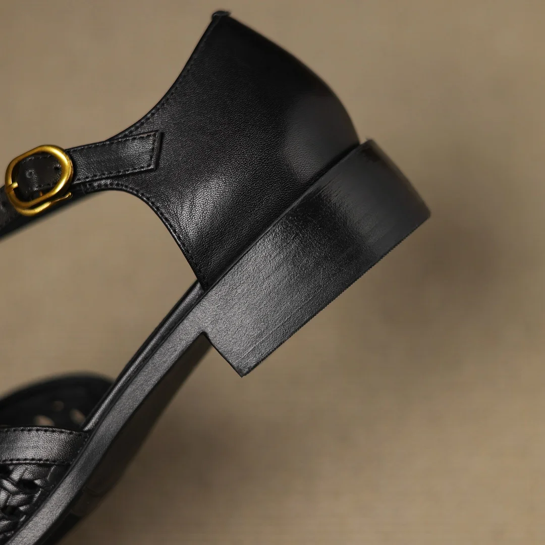 Formal Hollow-Out Cow Leather Narrow Band Round Toe High Quality Flats Sandals - Image 20