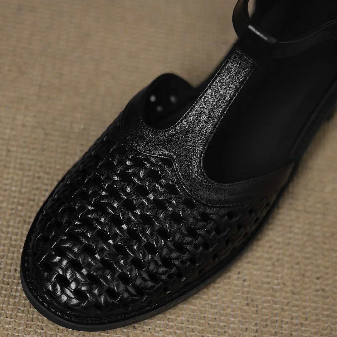 Formal Hollow-Out Cow Leather Narrow Band Round Toe High Quality Flats Sandals - Image 22