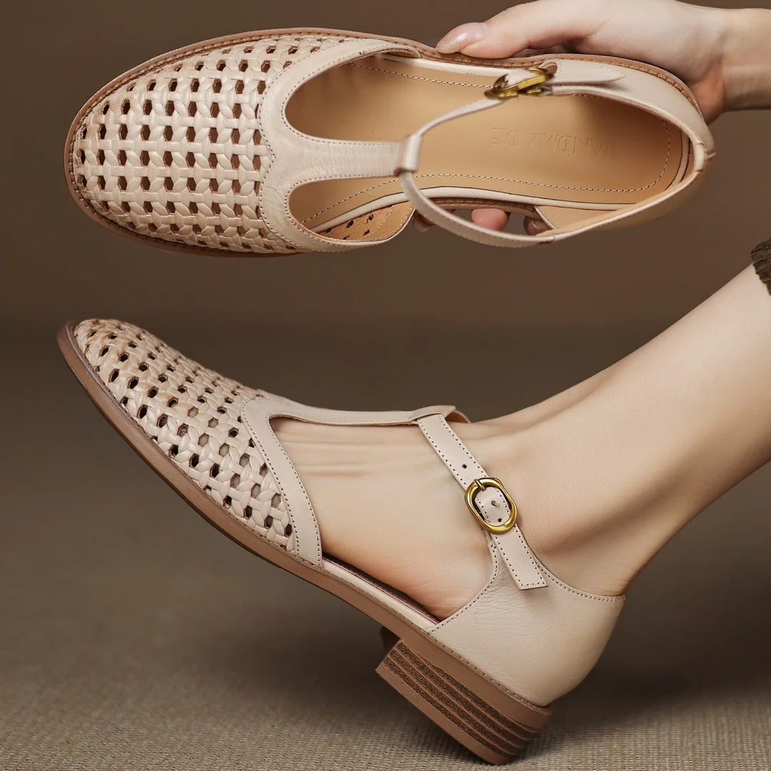Formal Hollow-Out Cow Leather Narrow Band Round Toe High Quality Flats Sandals - Image 3