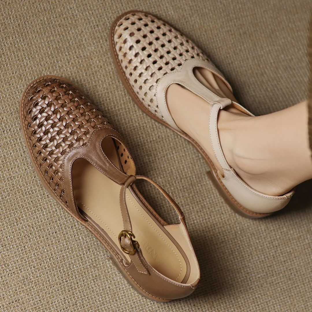 Formal Hollow-Out Cow Leather Narrow Band Round Toe High Quality Flats Sandals - Image 24