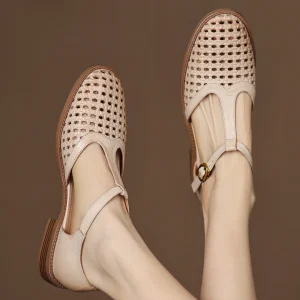 Formal Hollow-Out Cow Leather Narrow Band Round Toe High Quality Flats Sandals