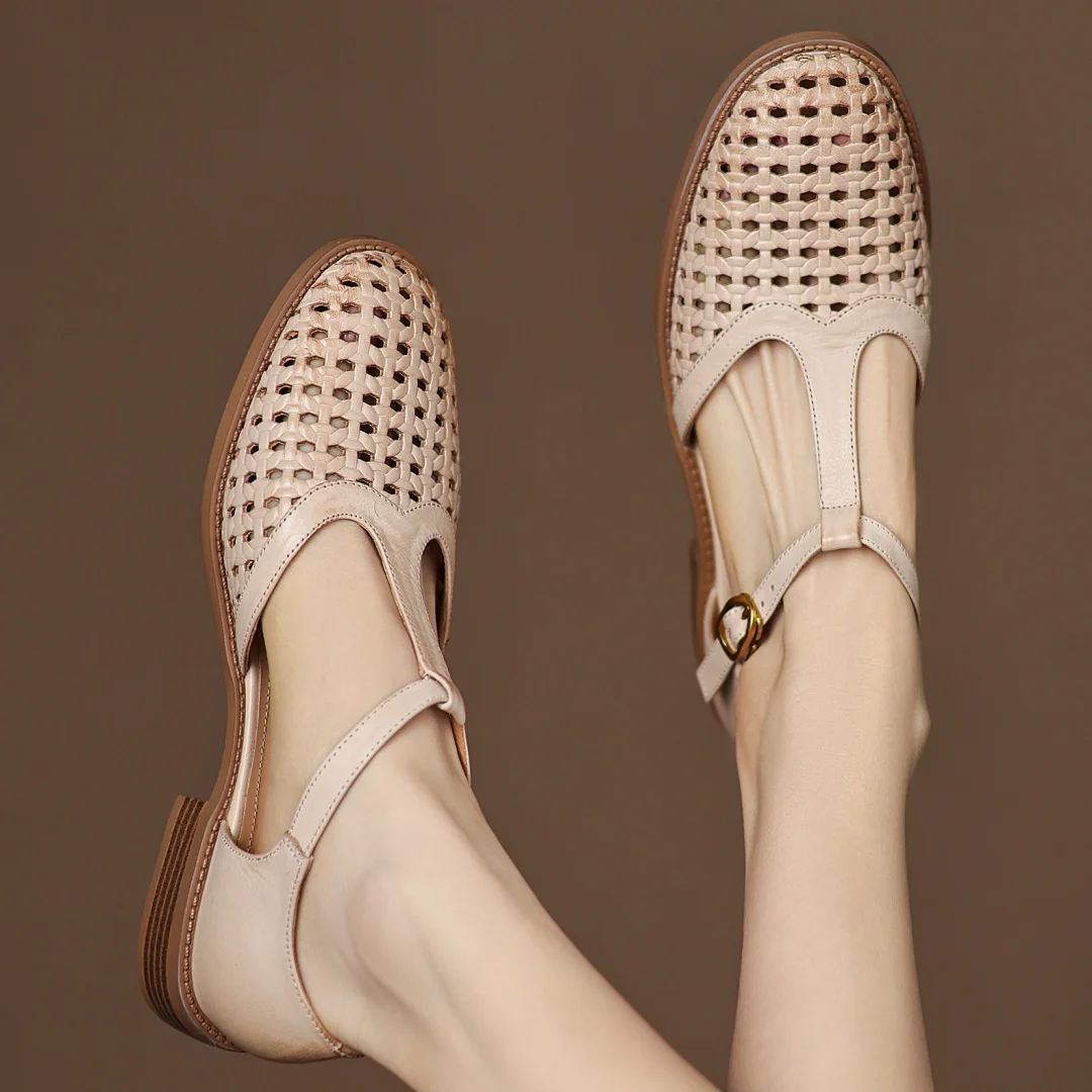 Formal Hollow-Out Cow Leather Narrow Band Round Toe High Quality Flats Sandals