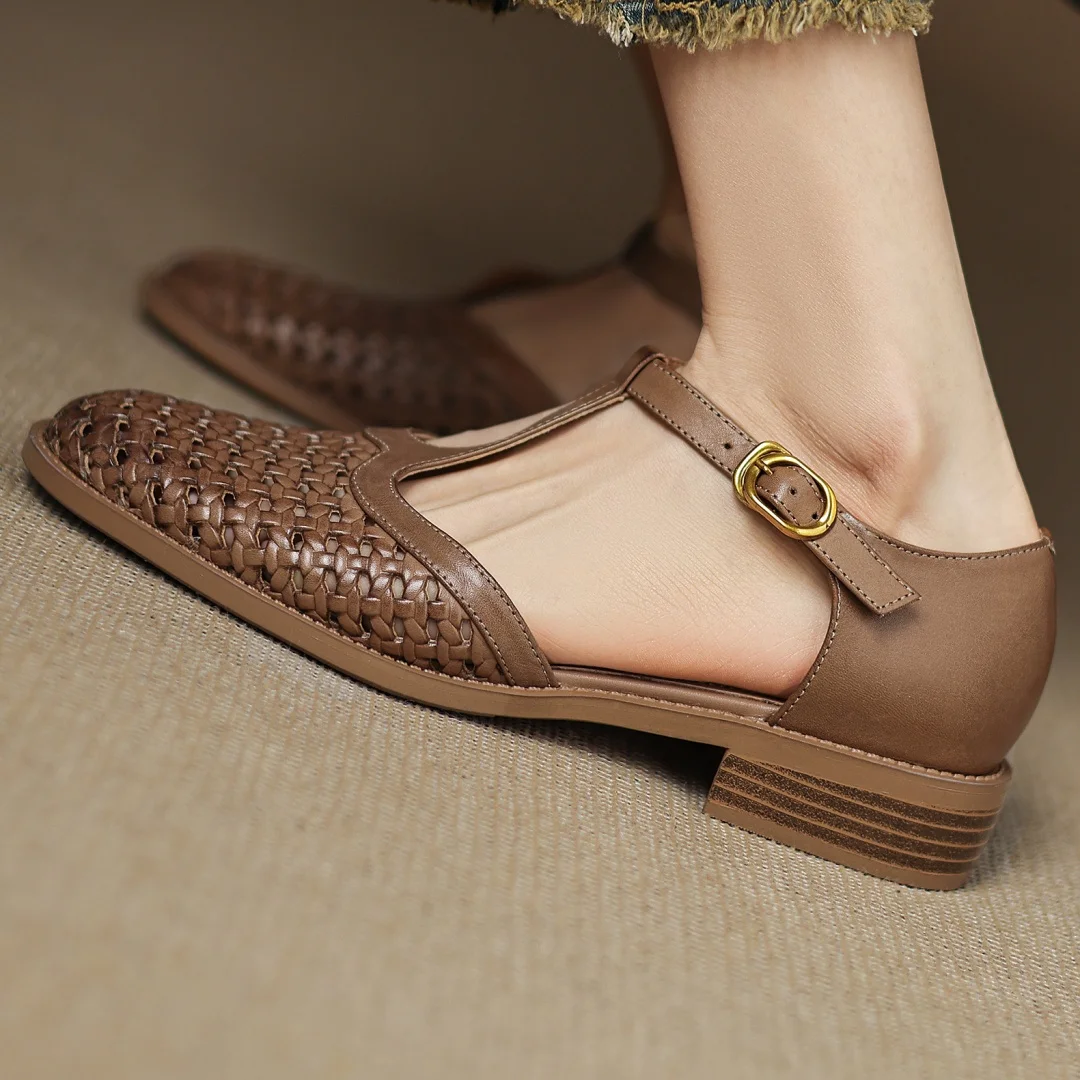 Formal Hollow-Out Cow Leather Narrow Band Round Toe High Quality Flats Sandals - Image 8