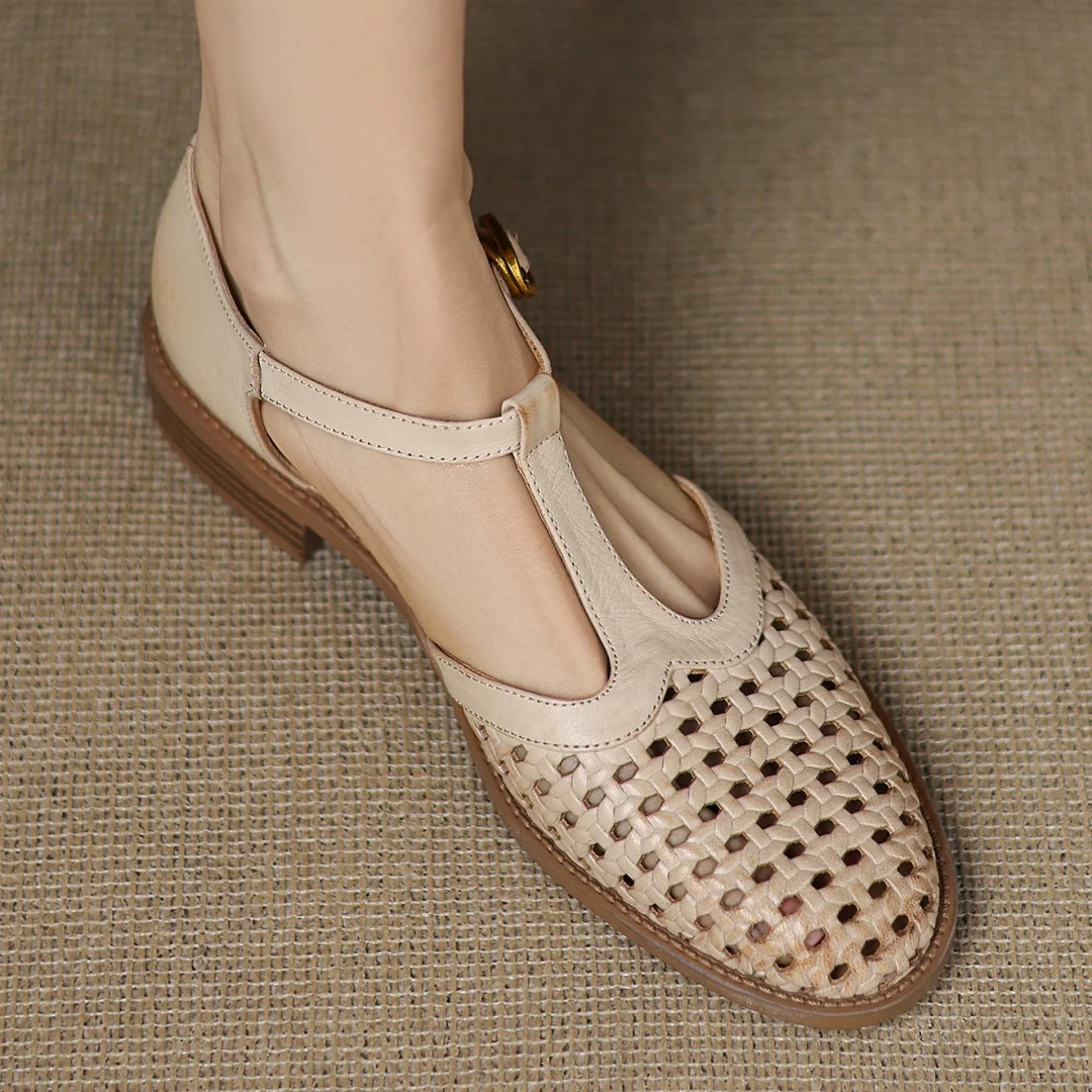 Formal Hollow-Out Cow Leather Narrow Band Round Toe High Quality Flats Sandals - Image 2