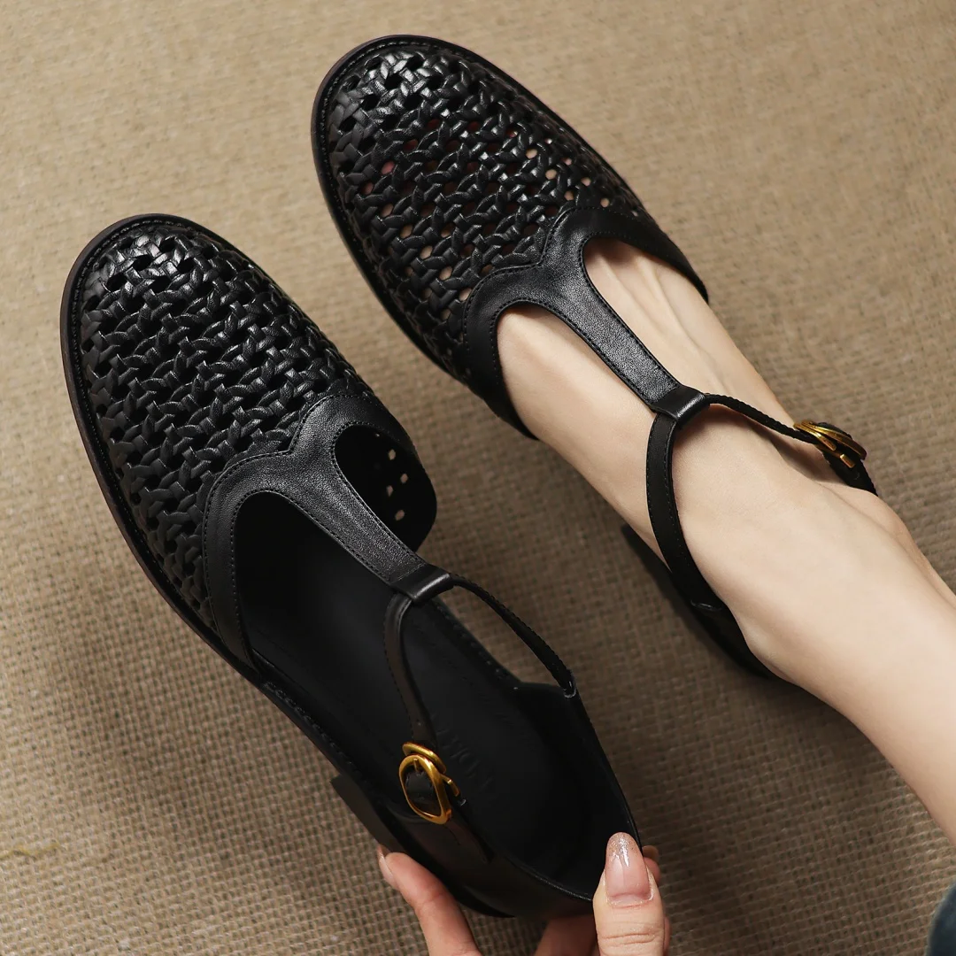 Formal Hollow-Out Cow Leather Narrow Band Round Toe High Quality Flats Sandals - Image 14