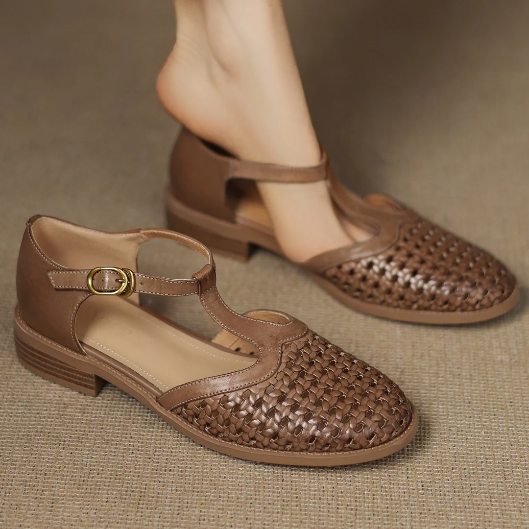 Formal Hollow-Out Cow Leather Narrow Band Round Toe High Quality Flats Sandals - Image 9