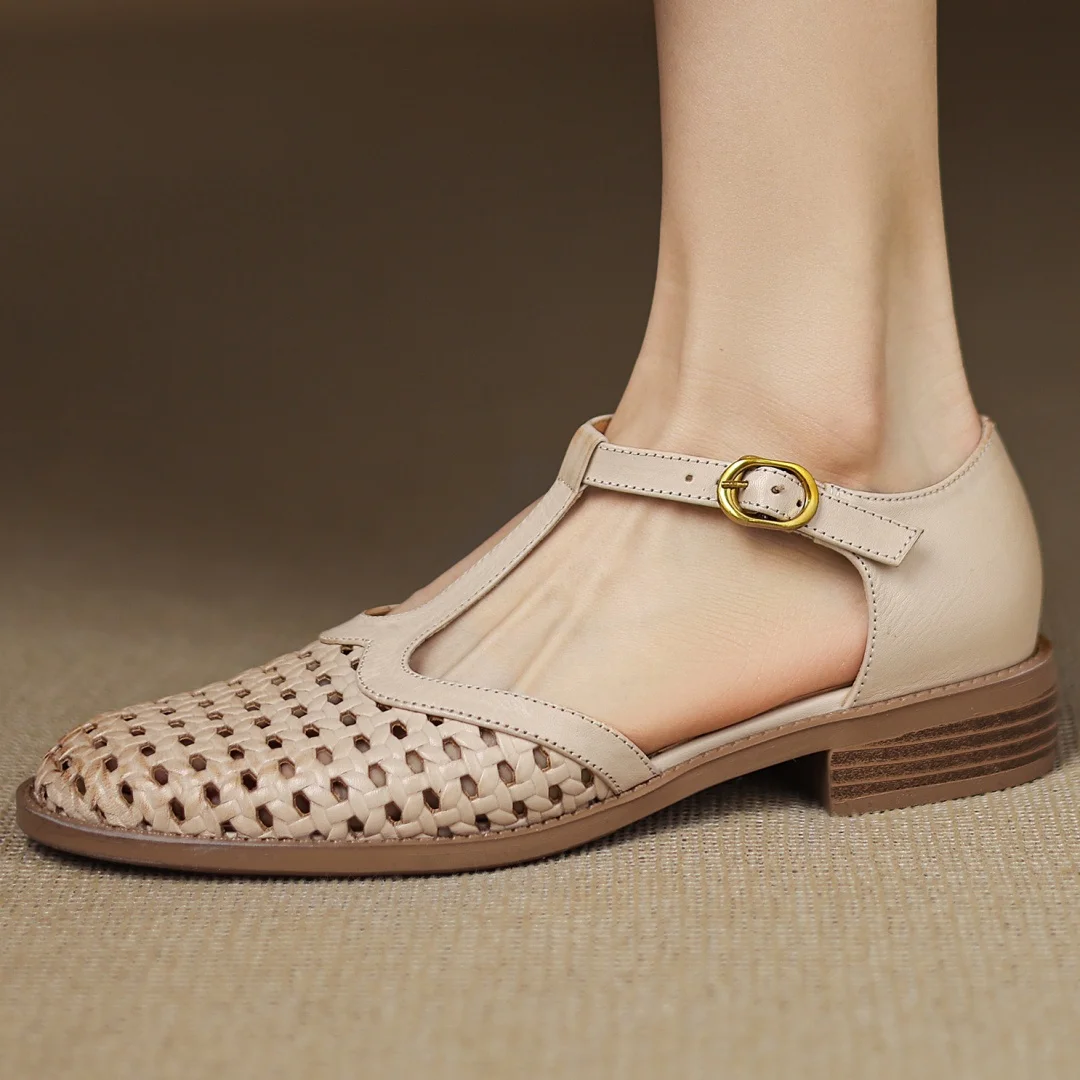 Formal Hollow-Out Cow Leather Narrow Band Round Toe High Quality Flats Sandals - Image 5