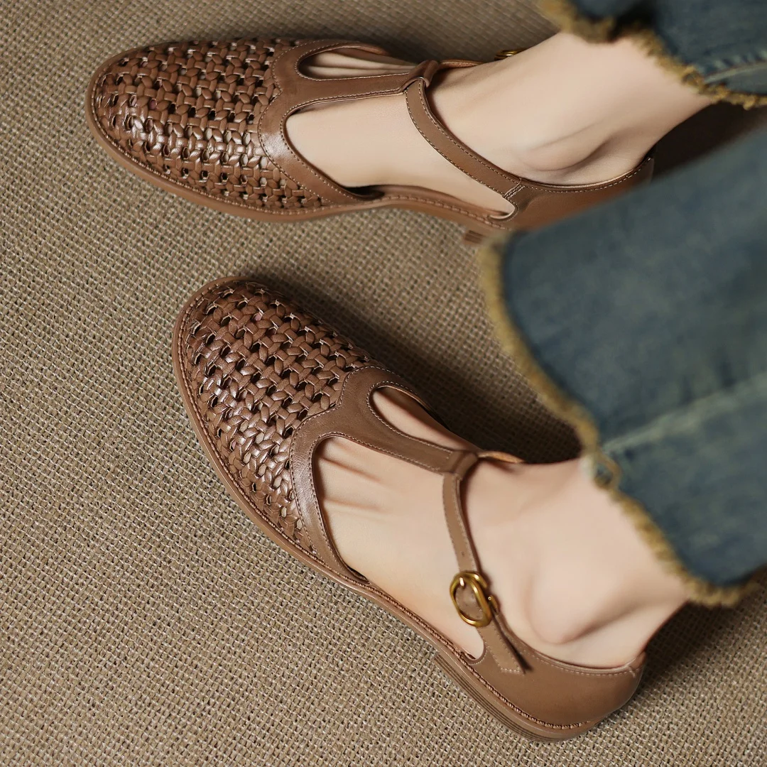 Formal Hollow-Out Cow Leather Narrow Band Round Toe High Quality Flats Sandals - Image 6