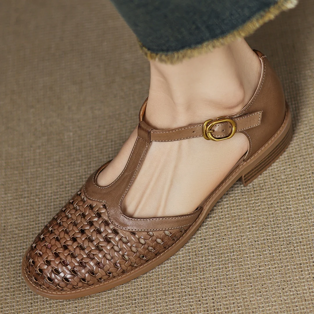 Formal Hollow-Out Cow Leather Narrow Band Round Toe High Quality Flats Sandals - Image 11