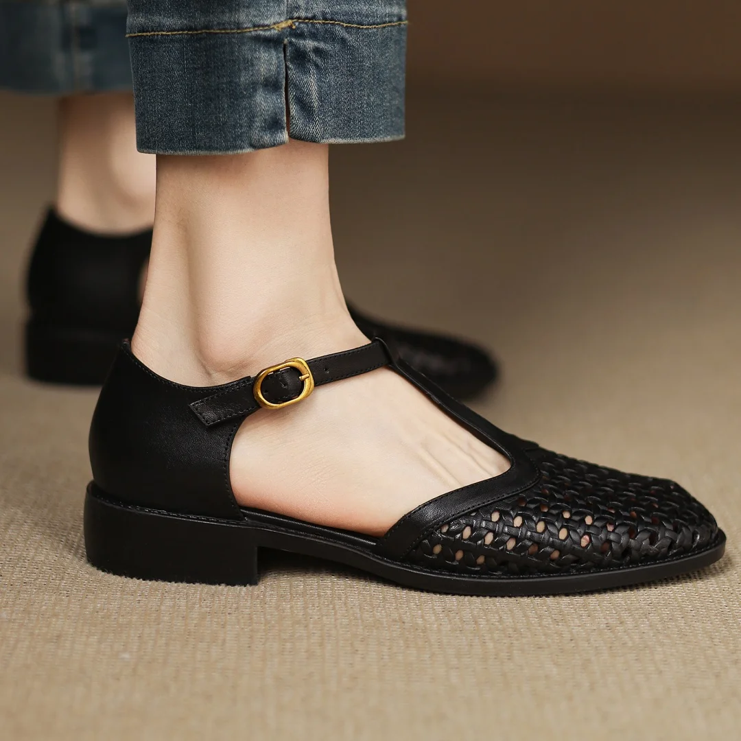 Formal Hollow-Out Cow Leather Narrow Band Round Toe High Quality Flats Sandals - Image 15