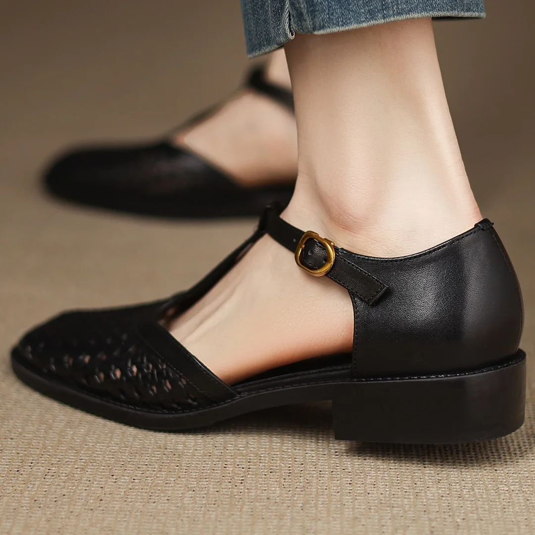 Formal Hollow-Out Cow Leather Narrow Band Round Toe High Quality Flats Sandals - Image 18