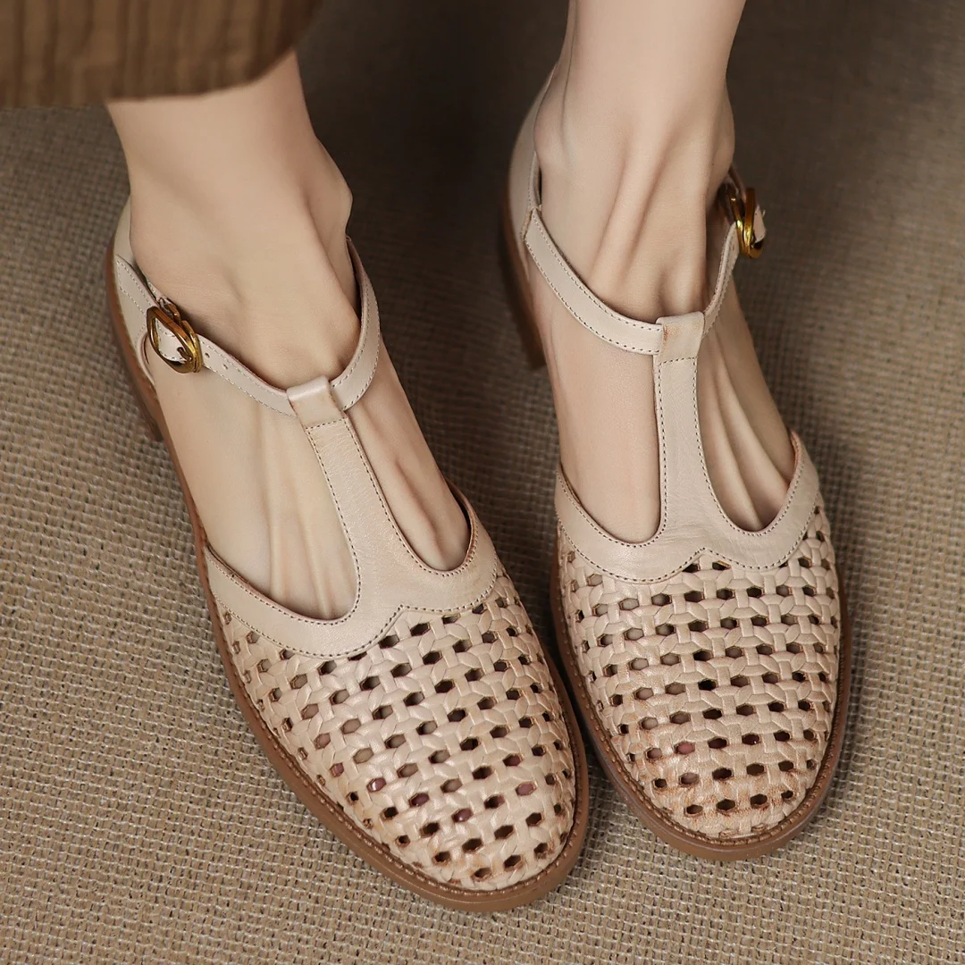 Formal Hollow-Out Cow Leather Narrow Band Round Toe High Quality Flats Sandals - Image 4