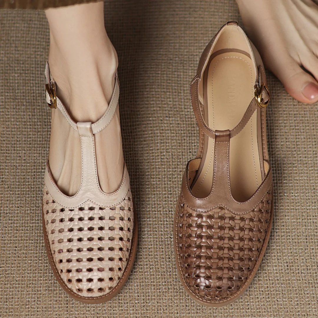 Formal Hollow-Out Cow Leather Narrow Band Round Toe High Quality Flats Sandals - Image 25