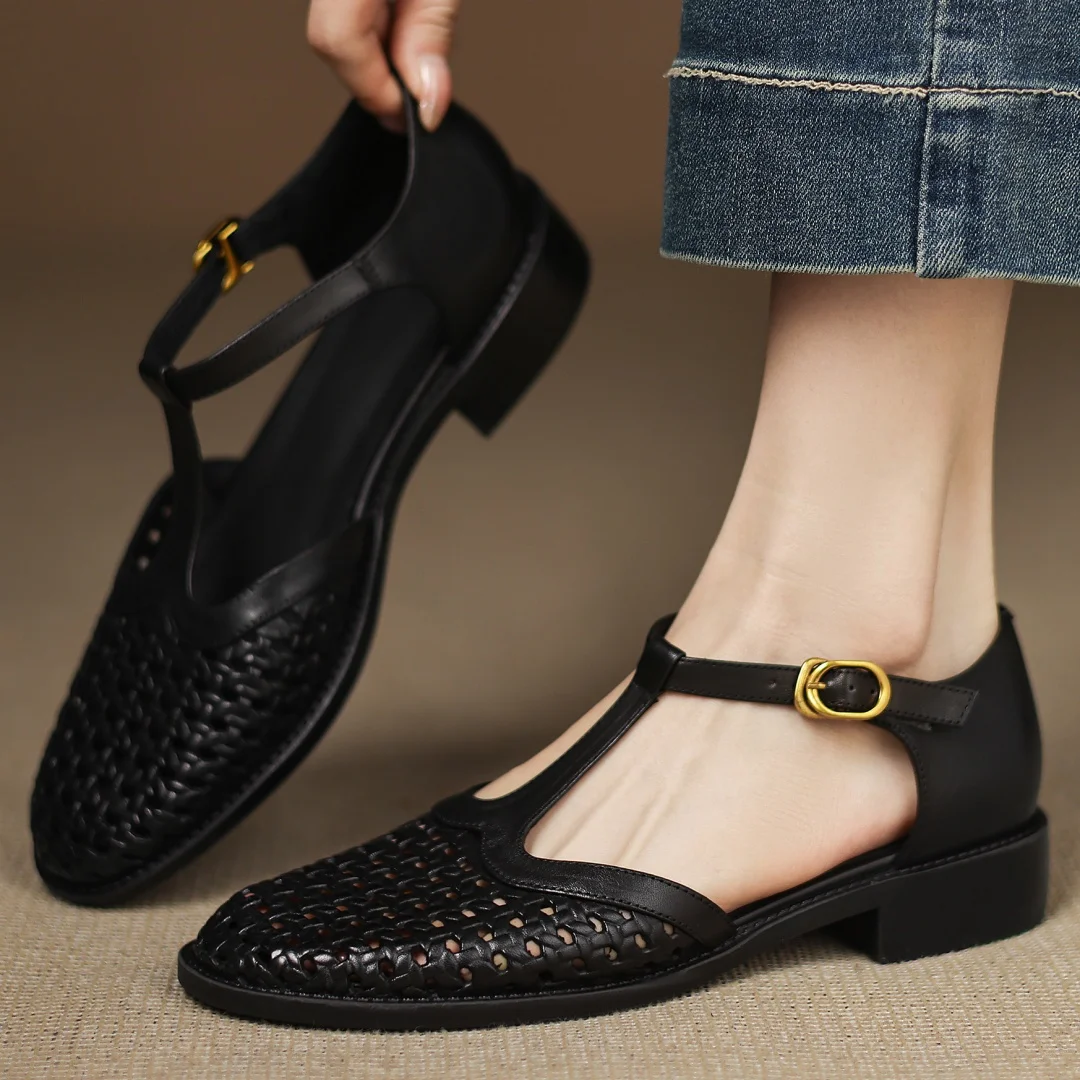 Formal Hollow-Out Cow Leather Narrow Band Round Toe High Quality Flats Sandals - Image 13