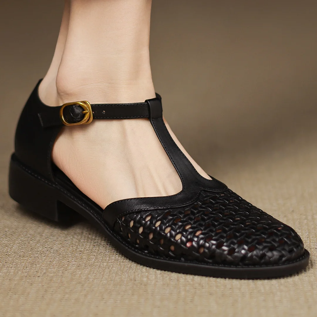 Formal Hollow-Out Cow Leather Narrow Band Round Toe High Quality Flats Sandals - Image 16
