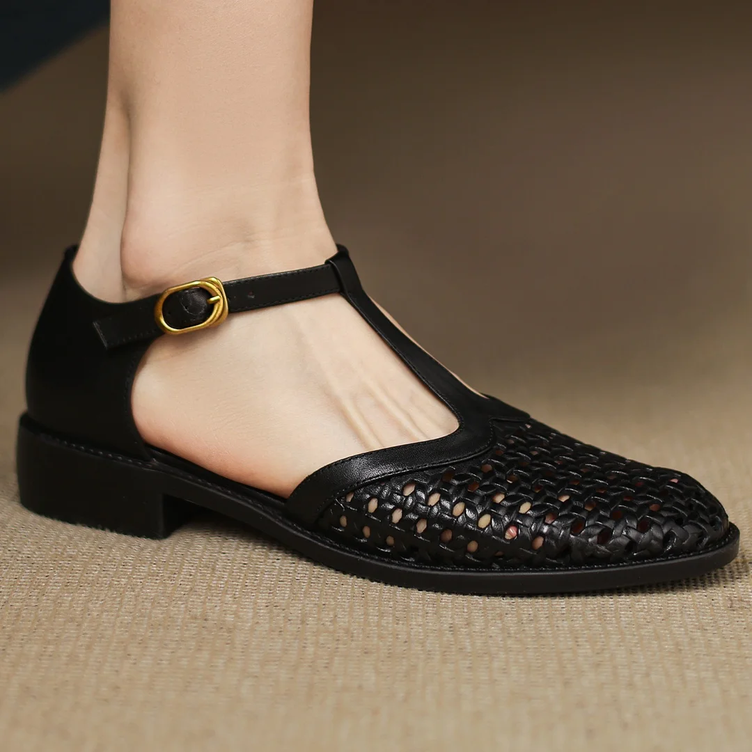 Formal Hollow-Out Cow Leather Narrow Band Round Toe High Quality Flats Sandals - Image 17