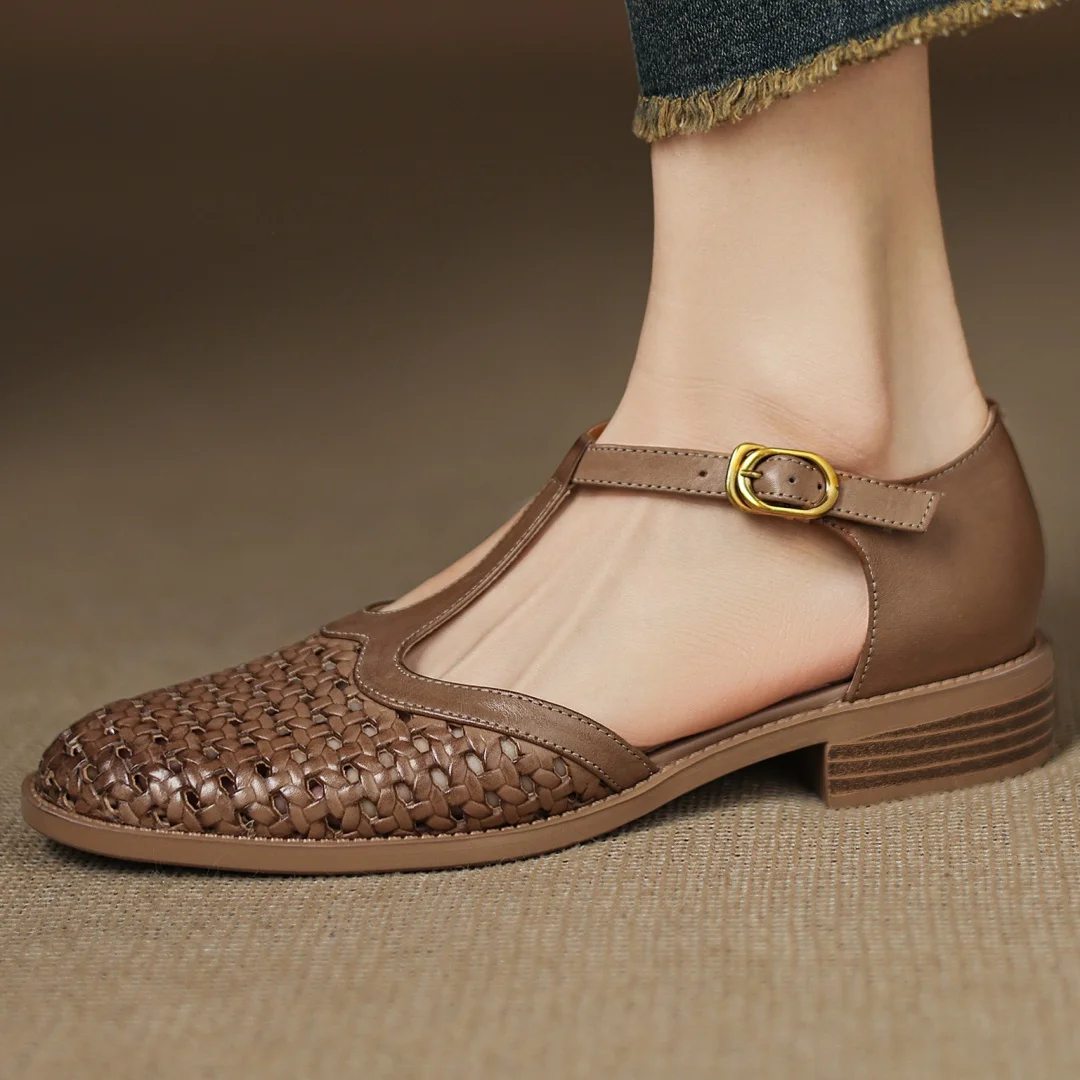 Formal Hollow-Out Cow Leather Narrow Band Round Toe High Quality Flats Sandals - Image 10