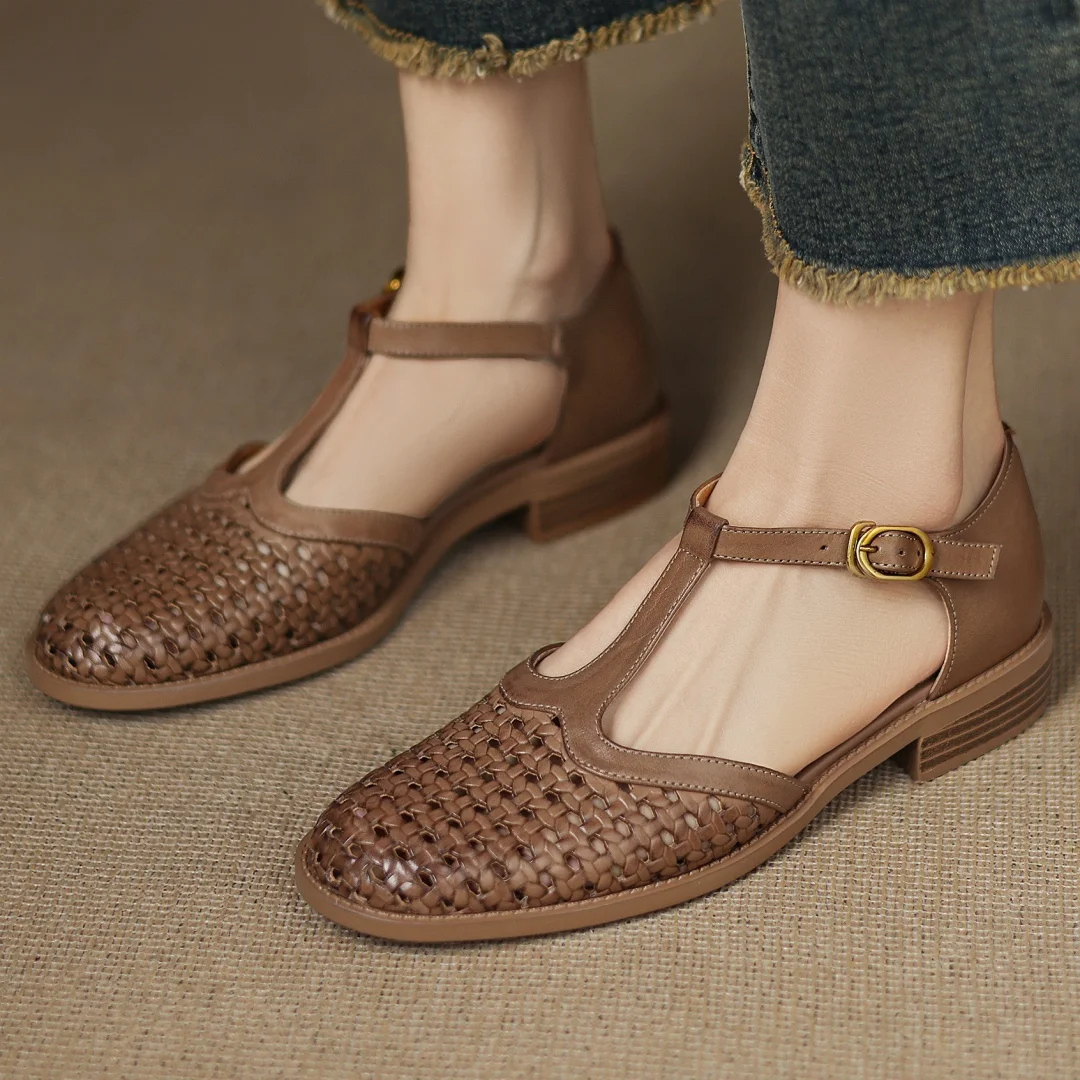 Formal Hollow-Out Cow Leather Narrow Band Round Toe High Quality Flats Sandals - Image 7