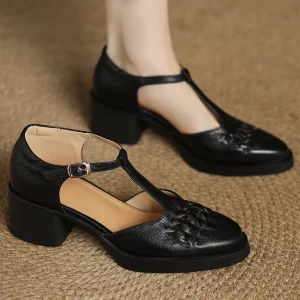 Elegant Sheepskin Narrow Band Braided T-strap Chunky Heel Platform Sandals