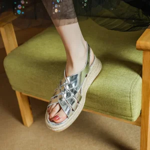 Genuine Leather Band Ankle Strap Round Toe Platform Wedge Sandals