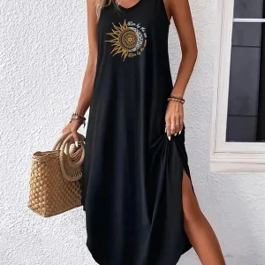 Geometry Sleeveless Spaghetti Strap Loose Maxi Dress