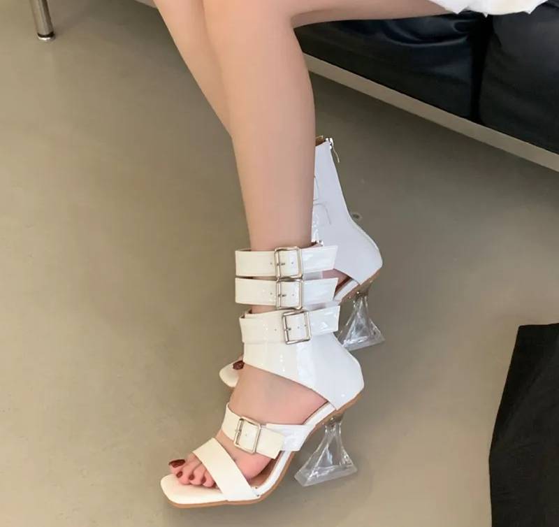 Gladiator Patent Leather Strap Buckle Transparent Crystal Square Toe High Heels Sandals - Image 8