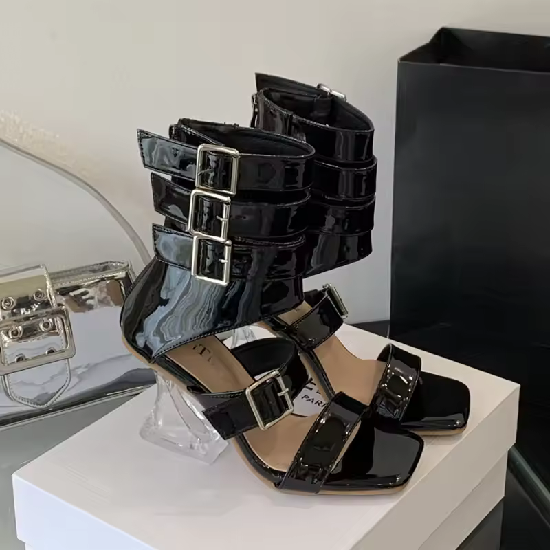 Gladiator Patent Leather Strap Buckle Transparent Crystal Square Toe High Heels Sandals - Image 14