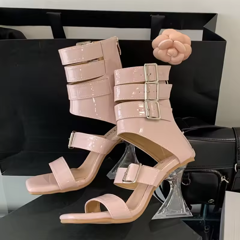 Gladiator Patent Leather Strap Buckle Transparent Crystal Square Toe High Heels Sandals - Image 4