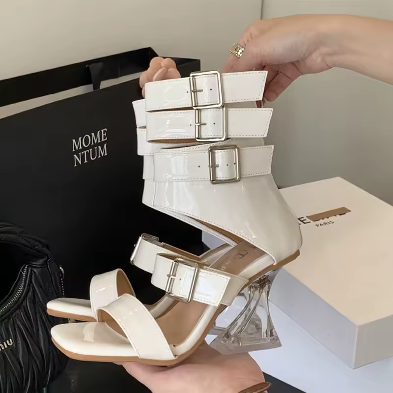 Gladiator Patent Leather Strap Buckle Transparent Crystal Square Toe High Heels Sandals - Image 9