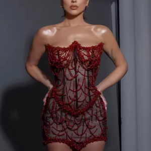 Glamorous Fashion Strapless Beaded Mesh Through Mini Dress Corset