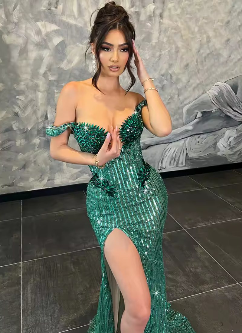 Glamorous Off-Shoulder Mermaid with Sequin Crystal Embellishments and High Slit Gown Dress - Image 2