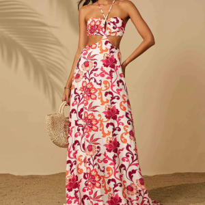 Halter Cutout Floral Backless Mini Evening Gown Leisure Beach Vacation Floor Length Dress