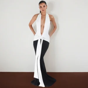 Halter Deep V Neck Patchwork Sleeveless Backless Draped Ruched Evening Club Long Dress