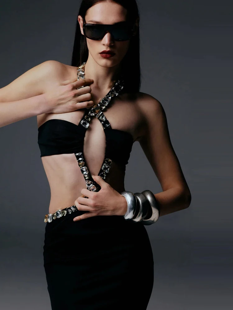 Halter Neck Crystal Cutout Sleeveless Backless Shiny Diamonds Bodycon Dresses - Image 3