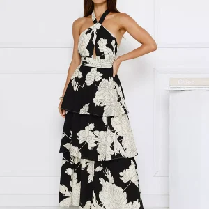 Halter Neck With Layered Skirt For Special Events Floral Maxi Dress