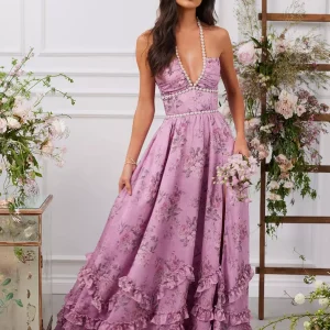 Halter Neckline Floral With Beaded Details Maxi Party Dress