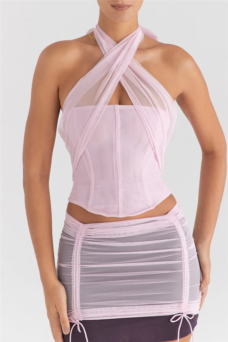 Halter Sleeveless Skinny With Fishbone Backless Club Party Crop Tops