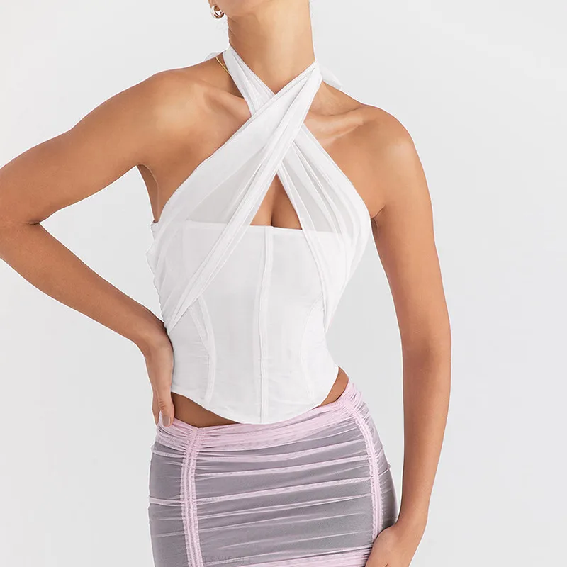 Halter Sleeveless Skinny With Fishbone Backless Club Party Crop Tops - Image 11