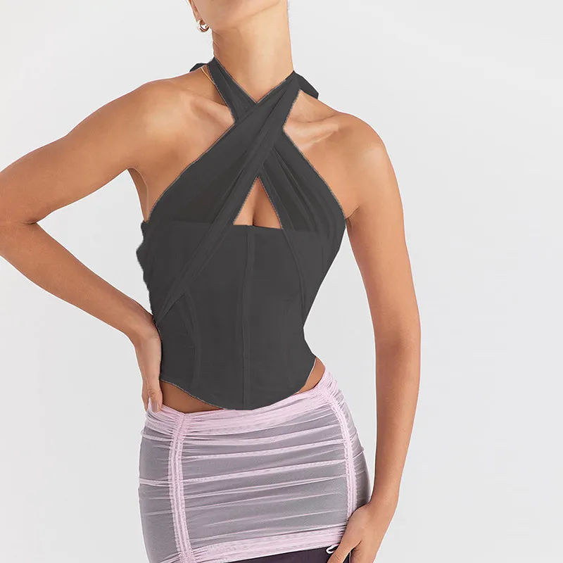 Halter Sleeveless Skinny With Fishbone Backless Club Party Crop Tops - Image 14