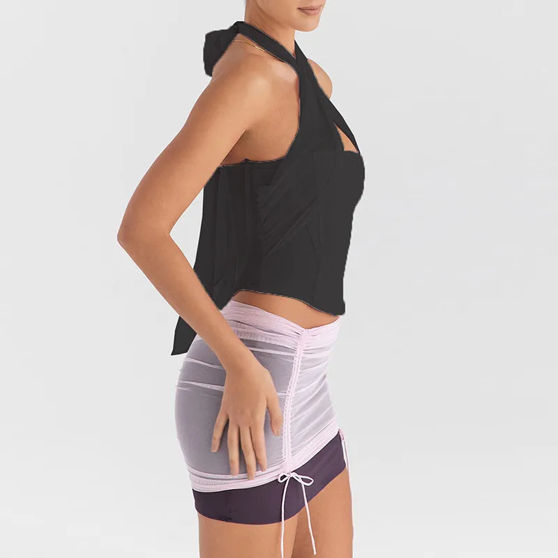 Halter Sleeveless Skinny With Fishbone Backless Club Party Crop Tops - Image 15