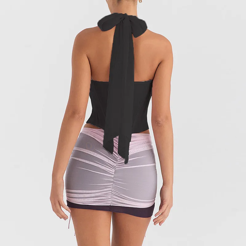 Halter Sleeveless Skinny With Fishbone Backless Club Party Crop Tops - Image 16