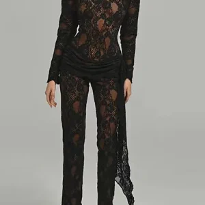 High Neck Long Sleeve Floral Lace Draped Folds Nightclub Wear Jumpsuit
