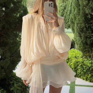 Hollow Out High Collar Slim Fit Long Sleeve Robe High Waist Pleated Party Dresses