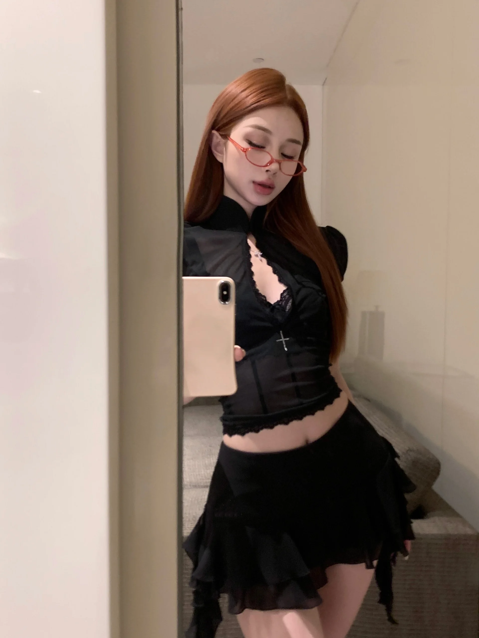 Hollow Out Lace Mesh Shirt Irregular Mini Shirts Vintage Skirt Sets - Image 12