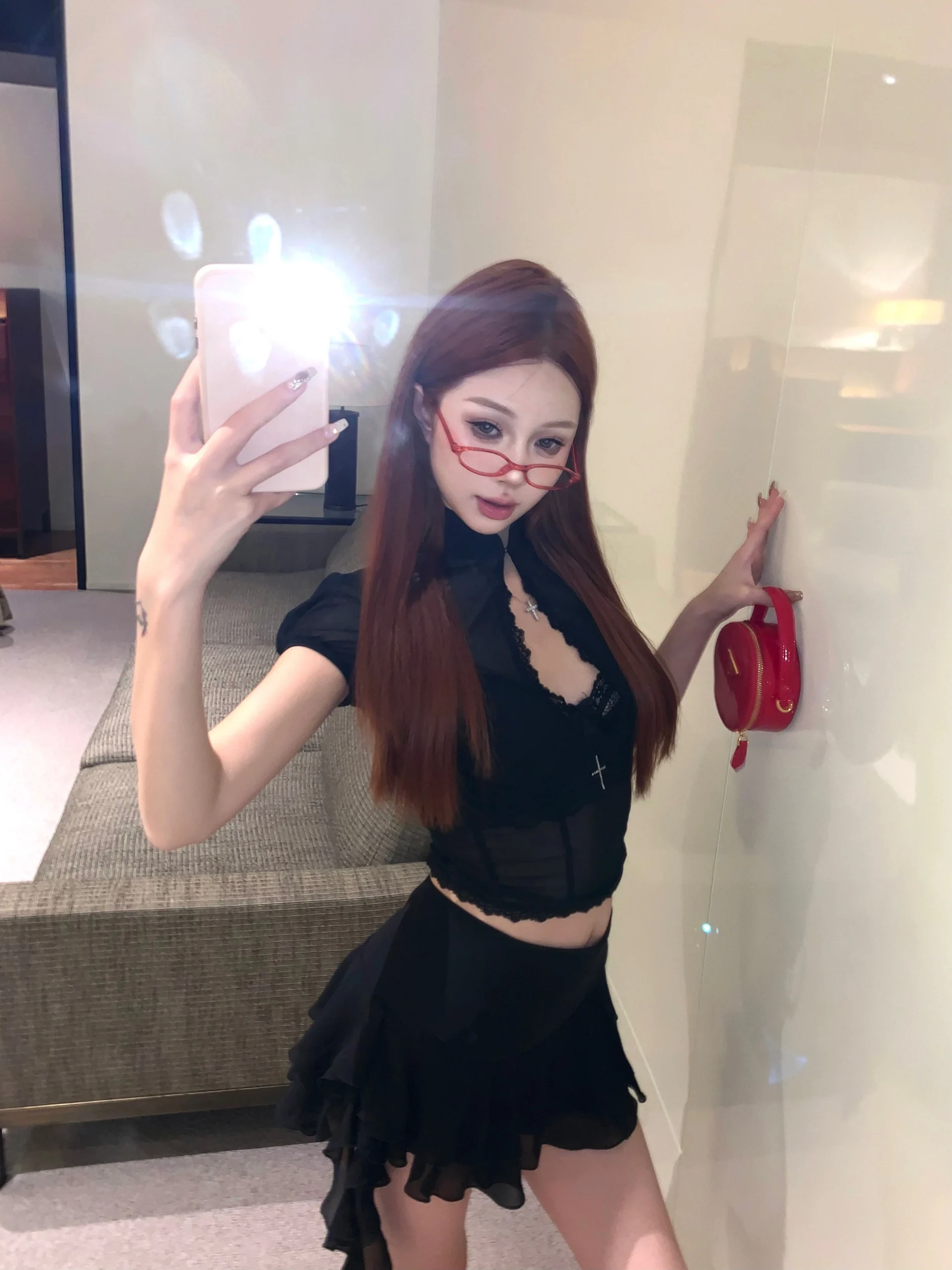 Hollow Out Lace Mesh Shirt Irregular Mini Shirts Vintage Skirt Sets - Image 15