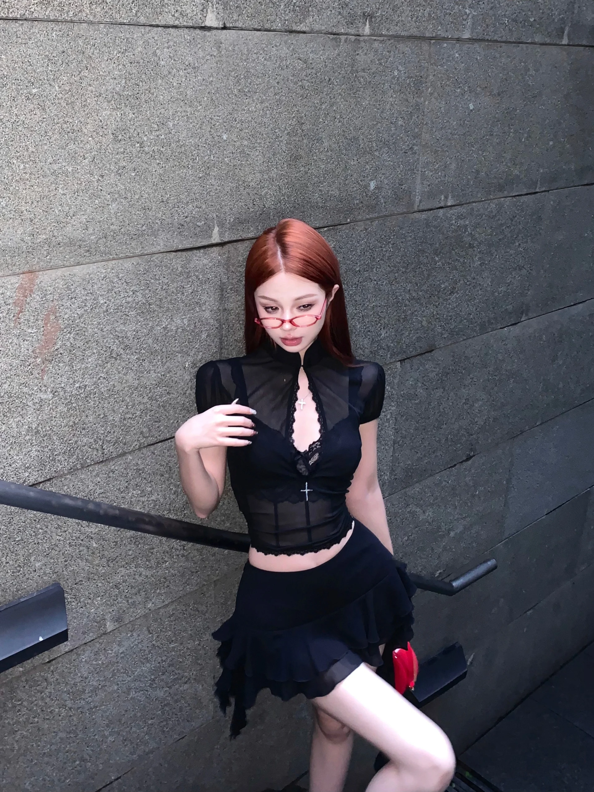 Hollow Out Lace Mesh Shirt Irregular Mini Shirts Vintage Skirt Sets - Image 16