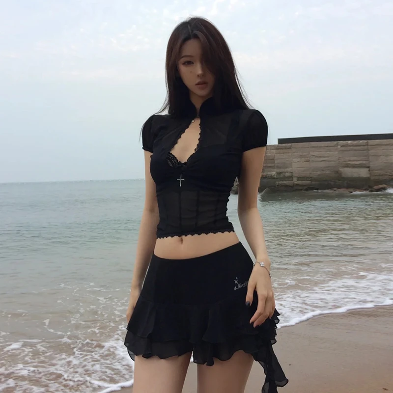 Hollow Out Lace Mesh Shirt Irregular Mini Shirts Vintage Skirt Sets