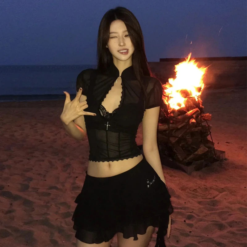 Hollow Out Lace Mesh Shirt Irregular Mini Shirts Vintage Skirt Sets - Image 3