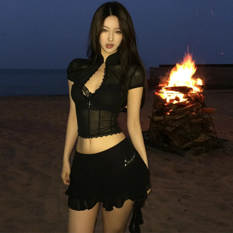 Hollow Out Lace Mesh Shirt Irregular Mini Shirts Vintage Skirt Sets - Image 4